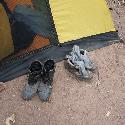 Our hiking boots at our tent